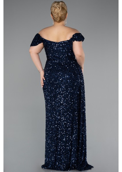 Kayık Yaka Yırtmaçlı Uzun Pullu Büyük Beden Abiye ABU4863 fiyatları