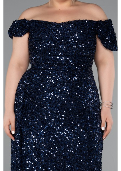 Kayık Yaka Yırtmaçlı Uzun Pullu Büyük Beden Abiye ABU4863 modelleri