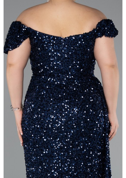 Kayık Yaka Yırtmaçlı Uzun Pullu Büyük Beden Abiye ABU4863 fırsatları