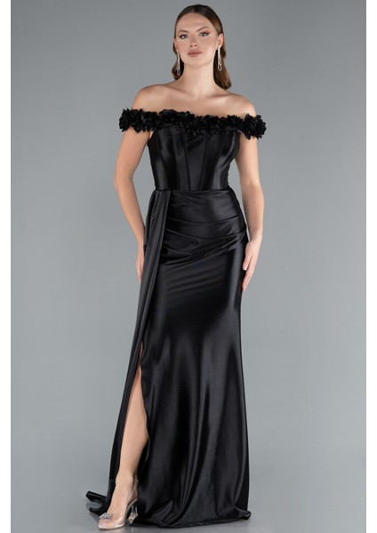 Çiçekli Kayık Yaka Balenli Uzun Saten Abiye ABU4903