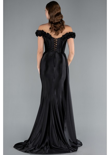 Çiçekli Kayık Yaka Balenli Uzun Saten Abiye ABU4903 fiyatları