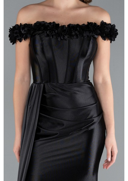 Çiçekli Kayık Yaka Balenli Uzun Saten Abiye ABU4903 modelleri