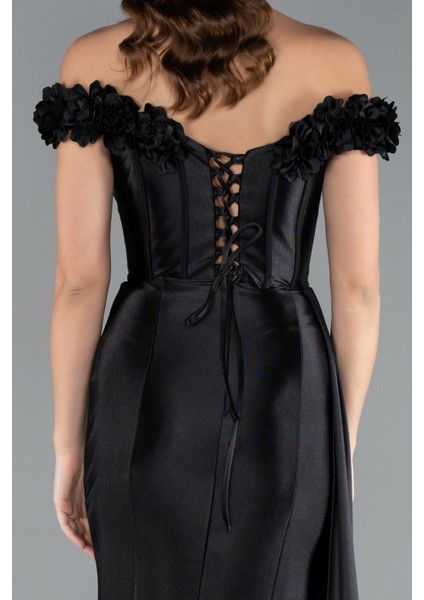 Çiçekli Kayık Yaka Balenli Uzun Saten Abiye ABU4903 fırsatları