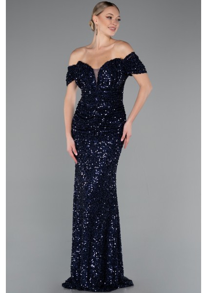 Kayık Yaka Uzun Pullu Balık Abiye Elbise ABU4906