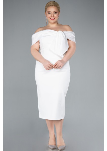 Kayık Yaka Midi Büyük Beden Davet Elbisesi ABK2321