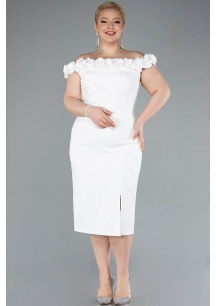 Kayık Yaka Midi Büyük Beden Davet Elbisesi ABK2318