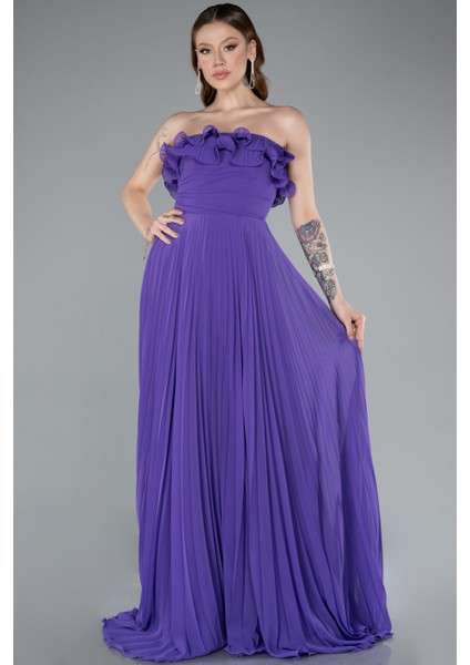 Straplez Piliseli Uzun Şifon Mezuniyet Elbisesi ABU4866