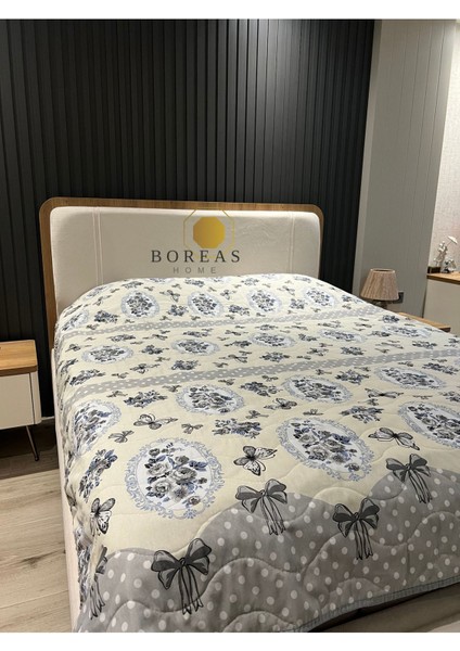 Gri Kelebek Çift Kişilik Çok Amaçlı Kapitoneli Yatak Örtüsü