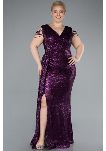 Boncuklu Yırtmaçlı Uzun Pullu Büyük Beden Abiye ABU4886