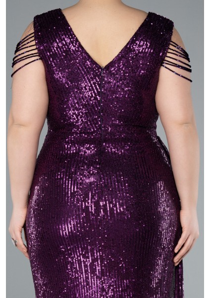 Boncuklu Yırtmaçlı Uzun Pullu Büyük Beden Abiye ABU4886 fırsatları