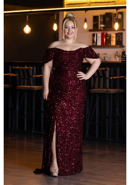 Kayık Yaka Yırtmaçlı Uzun Pullu Büyük Beden Abiye ABU4863