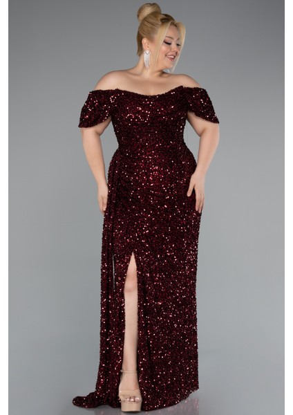 Kayık Yaka Yırtmaçlı Uzun Pullu Büyük Beden Abiye ABU4863 fiyatları