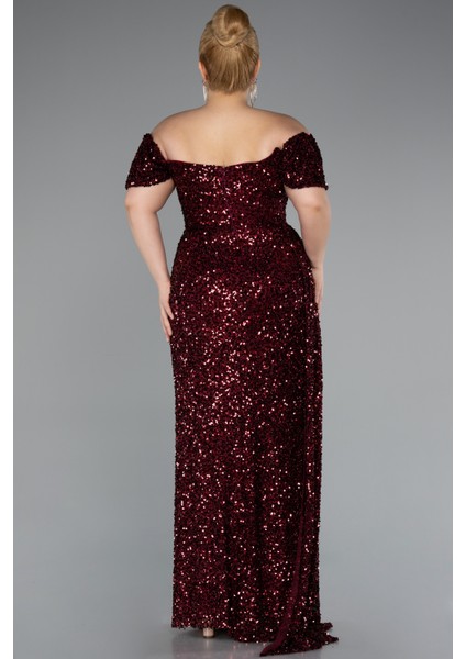 Kayık Yaka Yırtmaçlı Uzun Pullu Büyük Beden Abiye ABU4863 modelleri