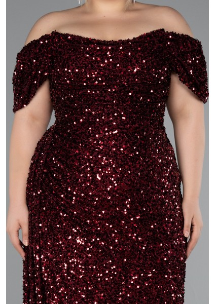 Kayık Yaka Yırtmaçlı Uzun Pullu Büyük Beden Abiye ABU4863 fırsatları