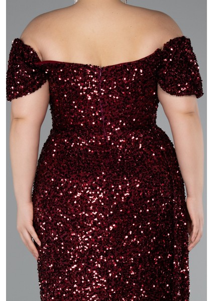 Kayık Yaka Yırtmaçlı Uzun Pullu Büyük Beden Abiye ABU4863 indirimleri