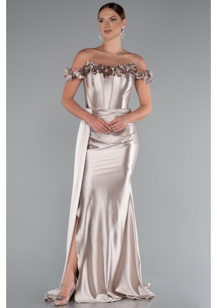 Çiçekli Kayık Yaka Balenli Uzun Saten Abiye ABU4903 fiyatları