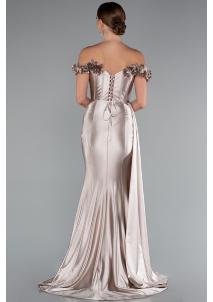 Çiçekli Kayık Yaka Balenli Uzun Saten Abiye ABU4903 modelleri