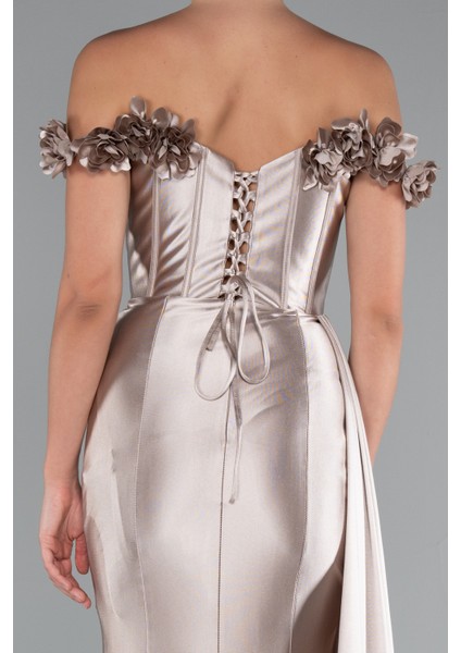 Çiçekli Kayık Yaka Balenli Uzun Saten Abiye ABU4903 indirimleri