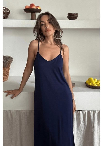 Kadın Siyah Asansör Askılı Çift Yırtmaçlı Helen Elbise modelleri