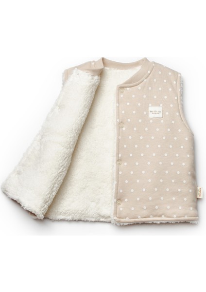 Unisex Bebek Organik Pamuklu Bej Puantiyeli Pelüş Astarlı Yelek