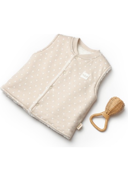 Unisex Bebek Organik Pamuklu Bej Puantiyeli Pelüş Astarlı Yelek modelleri