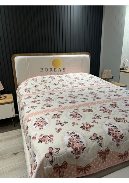 Pudra Kelebek Kapitone Yatak Örtüsü Çift Kişilik