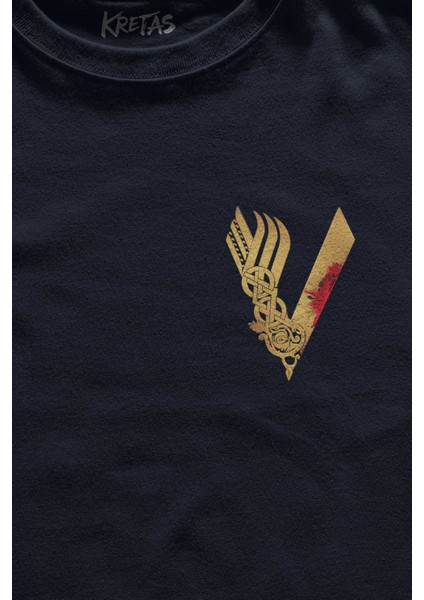 Unisex Lacivert T-Shirt Vikingler Logo Vikings Altın Sarısı Minimal Ön Baskılı Tişört fiyatları