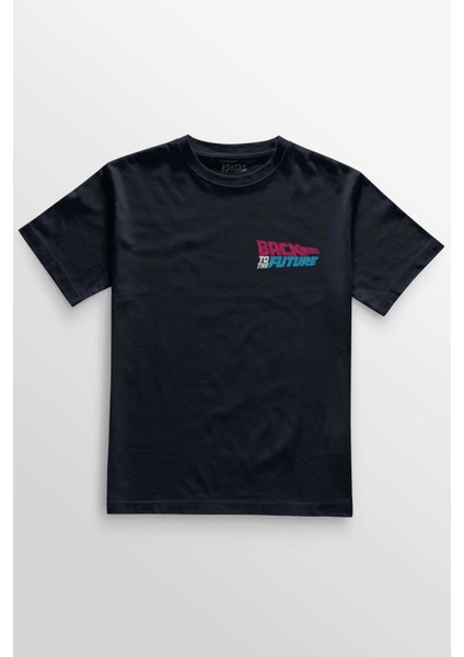 Unisex Lacivert T-Shirt Back To The Future Geleceğe Dönüş Uçan Kaykay Minimal Ön Baskılı Tişört