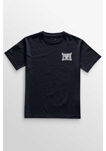Lacivert Tişört Sevimli Kedi Minik Patili Bıyıklı Cat Minnoş Minimal Ön Baskılı Unisex T-Shirt