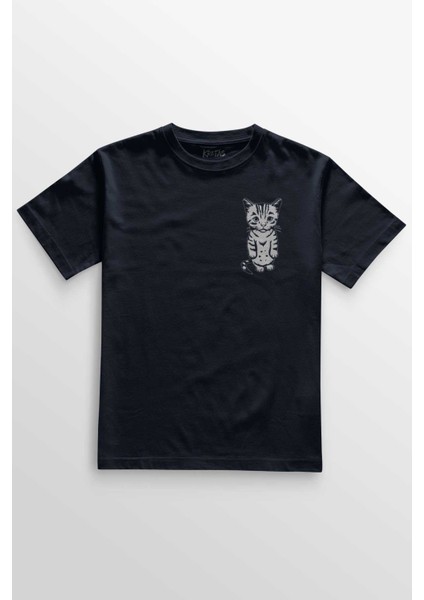 Lacivert Tişört Kedi Sevimli Bıyıklı Cat Minnoş Mahçup Üzgün Minimal Ön Baskılı Tişört Unisex T-Shirt
