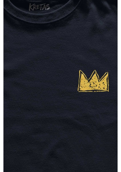 Unisex Lacivert T-Shirt Basquiat Taç Kral King Sanat Pop Art Minimal Ön Baskılı Tişört fiyatları