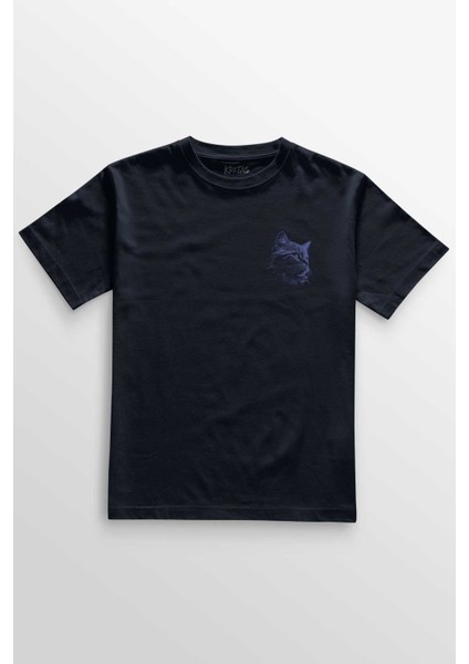 Unisex Lacivert T-Shirt Sevimli Kedi Black Cat Minimal Ön Baskılı Tişört