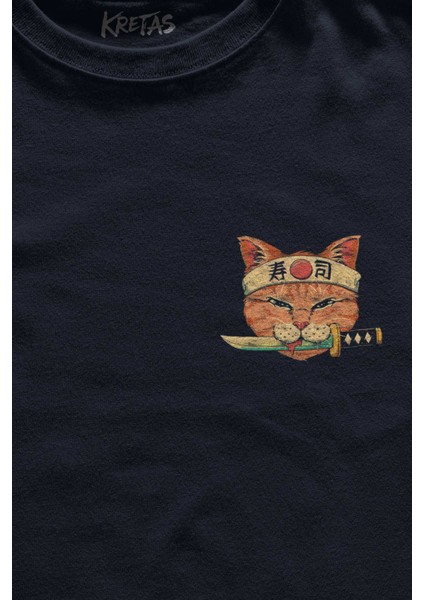 Unisex Lacivert T-Shirt Cat Sushi Japanese Vintage Sokak Minimal Ön Baskılı Tişört fiyatları