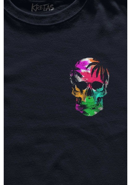 Lacivert Tişört Rengarenk Kafatası Skull Head Gökkuşağı Renkleri Baskılı Unisex T-Shirt fiyatları