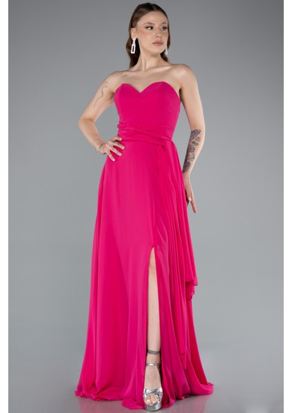 Bacak Dekolteli Uzun Şifon Mezuniyet Elbisesi ABU4965