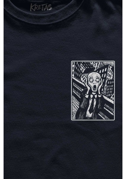 Unisex Lacivert T-Shirt Scream Edward Munch Tablo Korku Ressam Ön Baskılı Tişört fiyatları
