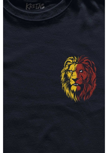 Unisex Lacivert T-Shirt Aslan Kafası Sarı Kırmızı Yeleli Minimal Ön Baskılı Tişört fiyatları