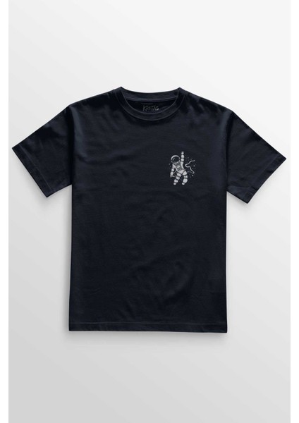 Unisex Lacivert T-Shirt Uzayda Sek Sek Oyun Seksek Astronot Cosmos Minimal Ön Baskılı Tişört