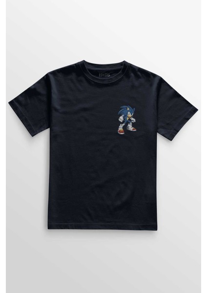 Unisex Lacivert T-Shirt Sonic The Hedgehog Boom Cartoon Sonic Minimal Ön Baskılı Tişört