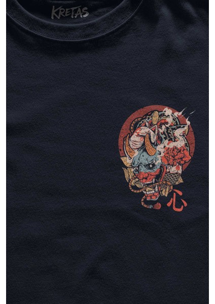 Unisex Lacivert T-Shirt Hannya Maske Oni Japanese Demon Mask Japon Minimal Ön Baskılı Tişört fiyatları