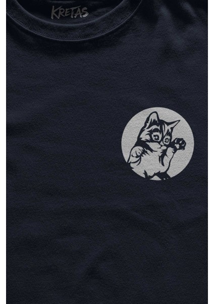 Lacivert Tişört Cat Sevimli Kedi Minik Patili Bıyıklı Minnoş Minimal Ön Baskılı Unisex T-Shirt fiyatları