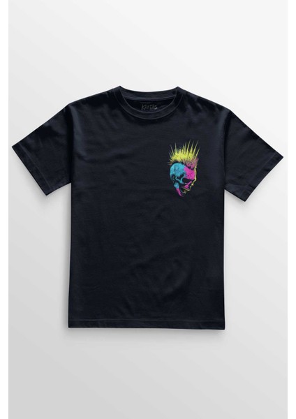 Unisex Lacivert T-Shirt Punk Is Not Dead Guitar Mohawk Rock Music Gitar Skeleton Ön Baskılı Tişört