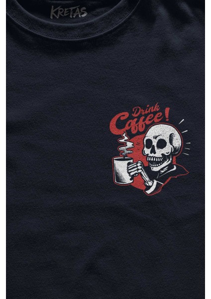 Lacivert Tişört Drink Coffee Skull Kahve Funny Eğlence Baskılı Unisex T-Shirt fiyatları