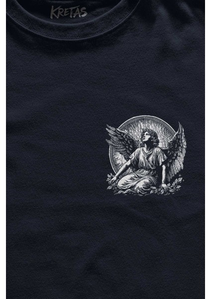 Unisex Lacivert T-Shirt Lacivert Sweat Saint Gothic Kutsal Melek Angle Basklı Bisiklet Yaka fiyatları