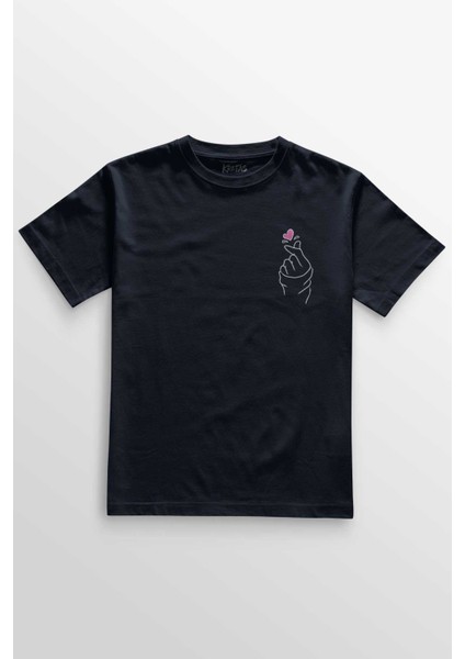 Unisex Lacivert T-Shirt Seni Seviyorum Kore El Işareti Minimal Minimal Ön Baskılı Tişört