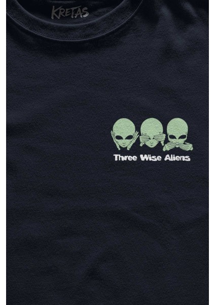 Unisex Lacivert T-Shirt Three Wise Aliens Ufo Mars Uzay Kozmos Minimal Baskılı Tişört fiyatları