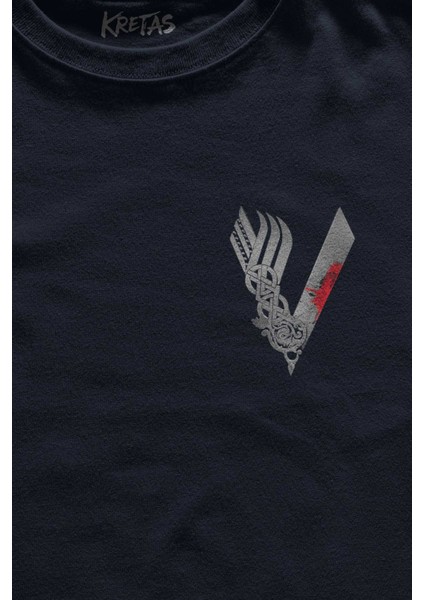 Unisex Lacivert T-Shirt The Vikings Vikingler Logo Gri Minimal Ön Baskılı Tişört fiyatları