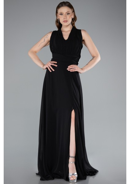 Bacak Dekolteli Uzun Şifon Mezuniyet Elbisesi ABU4965