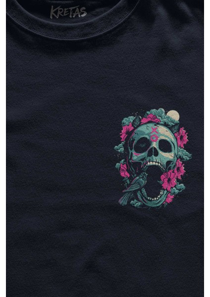 Unisex Lacivert T-Shirt Sugar Skull Skeleton Rose Kuru Kafa Gül Minimal Ön Baskılı Tişört fiyatları