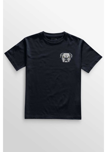 Unisex Lacivert T-Shirt Bulldog Boks Minimal Ön Baskılı Tişört Regular Fit